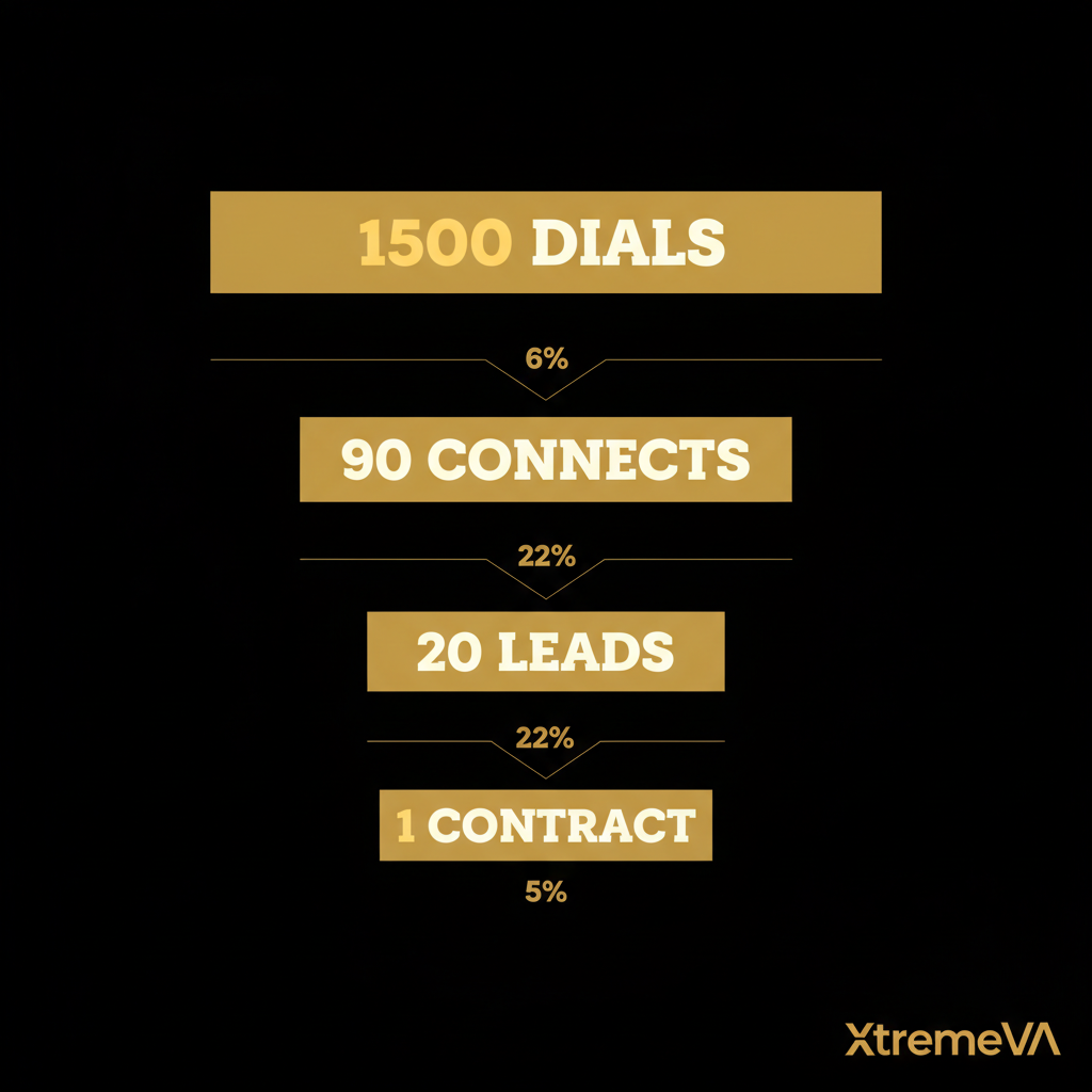 Cold-calling funnel: 1500 dials, 90 connects, 20 leads, 1 contract
