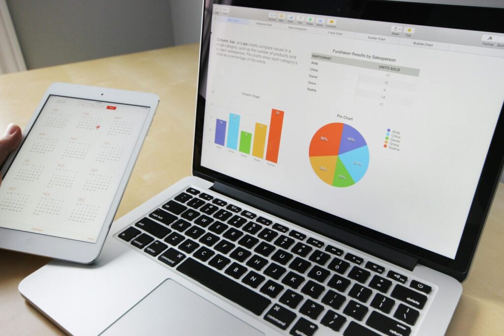 Person using laptop with charts on screen